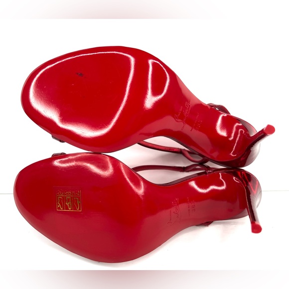 CHRISTIAN LOUBOUTIN Rosalie Metallic Patent Leather Stiletto Sandals Size 38.5 - Picture 7 of 14